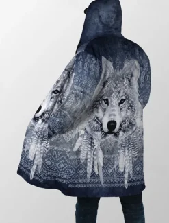 Online OUKU Men's Animal Wolf Graphic Prints Winter Coat Fleece Jacket Coat Warm Breathable Comfortable Fashion Streetwear Sport Sports & Outdoor Daily Wear Going out Zipper Pocket Print Fall & Winter Hoodie Blue