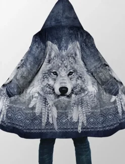 Online OUKU Men's Animal Wolf Graphic Prints Winter Coat Fleece Jacket Coat Warm Breathable Comfortable Fashion Streetwear Sport Sports & Outdoor Daily Wear Going out Zipper Pocket Print Fall & Winter Hoodie Blue