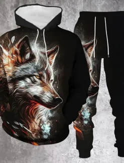 Sale OUKU Men's Animal Wolf 2pcs 3D Sweatshirt Sets Tracksuit Hoodie Sweatshirt Long Sleeve Long pants Hooded Casual Daily Athleisure Daily Wear 3D Print Spring Fall Winter Orange Green