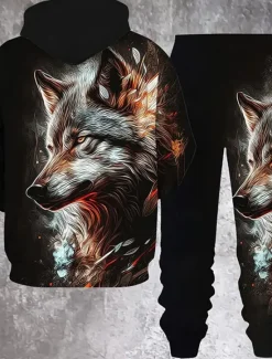 Sale OUKU Men's Animal Wolf 2pcs 3D Sweatshirt Sets Tracksuit Hoodie Sweatshirt Long Sleeve Long pants Hooded Casual Daily Athleisure Daily Wear 3D Print Spring Fall Winter Orange Green