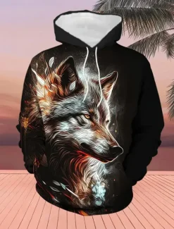 Sale OUKU Men's Animal Wolf 2pcs 3D Sweatshirt Sets Tracksuit Hoodie Sweatshirt Long Sleeve Long pants Hooded Casual Daily Athleisure Daily Wear 3D Print Spring Fall Winter Orange Green