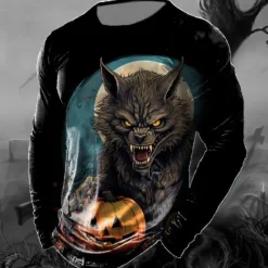 Discount OUKU Men's Animal Wolf T Shirt Long Sleeve T shirt 3D Print Crew Neck Shirt Vintage Fashion Designer Outdoor Halloween Daily Yellow Red Blue Spring & Fall Clothing Apparel S M L XL 2XL 3XL 4XL