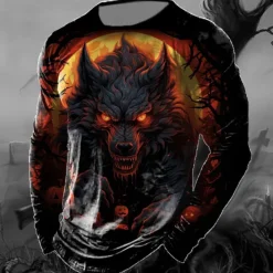Discount OUKU Men's Animal Wolf T Shirt Long Sleeve T shirt 3D Print Crew Neck Shirt Vintage Fashion Designer Outdoor Halloween Daily Yellow Red Blue Spring & Fall Clothing Apparel S M L XL 2XL 3XL 4XL