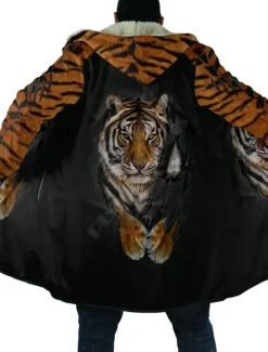 OUKU Men's Animal Wolf Tiger Winter Coat Fleece Jacket Coat Warm Breathable Comfortable Fashion Streetwear Casual Daily Sports & Outdoor Daily Wear Going out Zipper Pocket Print Fall & Winter Hoodie Long