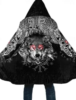 Online OUKU Men's Animal Wolf Winter Coat Fleece Jacket Coat Warm Breathable Comfortable Fashion Streetwear Sport Sports & Outdoor Daily Wear Going out Zipper Pocket Print Fall & Winter Hoodie Long Sleeve Black