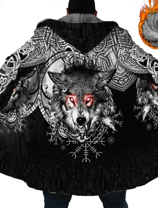 Online OUKU Men's Animal Wolf Winter Coat Fleece Jacket Coat Warm Breathable Comfortable Fashion Streetwear Sport Sports & Outdoor Daily Wear Going out Zipper Pocket Print Fall & Winter Hoodie Long Sleeve Black
