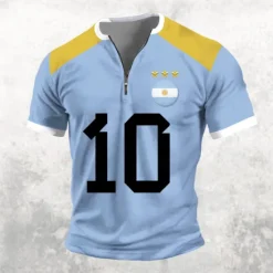 Sale OUKU Men's Argentina Soccer T Shirt Short Sleeve T shirt 3D Print Half Zip Shirt Retro Vintage Street Casual Daily Light Blue White Summer Spring Clothing Apparel S M L XL XXL XXXL