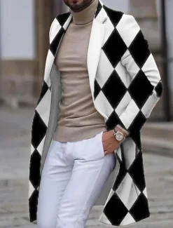 Outlet OUKU Men's Argyle Winter Coat Overcoat Coat Warm Breathable Comfortable Business Work Wear to work Going out Pocket Print Fall & Winter Stand Collar Long Sleeve White Blue Purple