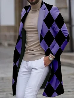 Outlet OUKU Men's Argyle Winter Coat Overcoat Coat Warm Breathable Comfortable Business Work Wear to work Going out Pocket Print Fall & Winter Stand Collar Long Sleeve White Blue Purple