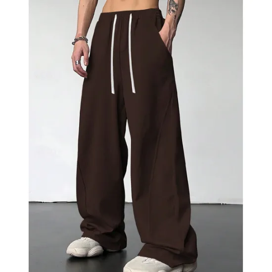 Clearance OUKU Men's Athletic Pants Wide Leg Sweatpants Trousers Drawstring Elastic Waist Plain Comfort Breathable Casual Daily Holiday Sports Fashion Dark Brown Black