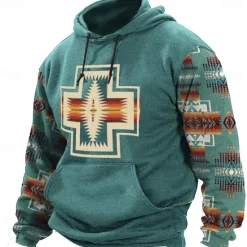 Clearance OUKU Men's Aztec Cowboy Hoodies Sweatshirt Ethnic Cowboy Long Sleeve Crew Neck Holiday Streetwear Black Blue Drawstring Fall Winter Designer