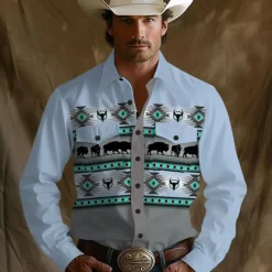 OUKU Men's Aztec Ethic / African Western Shirt Button Up Shirt Cowboy Shirt Long Sleeve Vintage Retro Outdoor Camping & Hiking Spring Fall Turndown 3D Print Front Two Pockets Linen Like Shirt Blue Khaki