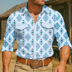 New OUKU Men's Aztec Ethnic Western Shirt Button Up Shirt Cowboy Shirt Long Sleeve Vintage Retro Outdoor Holiday Summer Spring Fall Turndown Collared Shirts Front Two Pockets Blue Green Apricot