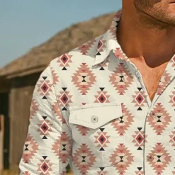 New OUKU Men's Aztec Ethnic Western Shirt Button Up Shirt Cowboy Shirt Long Sleeve Vintage Retro Outdoor Holiday Summer Spring Fall Turndown Collared Shirts Front Two Pockets Blue Green Apricot