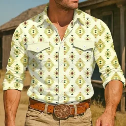 New OUKU Men's Aztec Ethnic Western Shirt Button Up Shirt Cowboy Shirt Long Sleeve Vintage Retro Outdoor Holiday Summer Spring Fall Turndown Collared Shirts Front Two Pockets Blue Green Apricot
