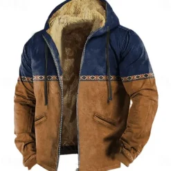 Best OUKU Men's Aztec Fleece Hoodie Sweatshirt Ethnic Vintage Retro Long Sleeve Crew Neck Outdoor Streetwear Light Brown Blue Drawstring Fall Winter Designer