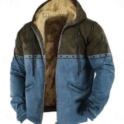 Best OUKU Men's Aztec Fleece Hoodie Sweatshirt Ethnic Vintage Retro Long Sleeve Crew Neck Outdoor Streetwear Light Brown Blue Drawstring Fall Winter Designer