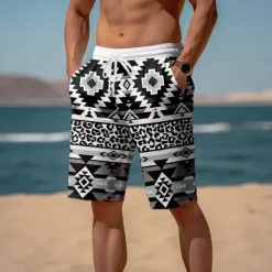 Discount OUKU Men's Aztec Geometric Pattern Ethnic Shorts Summer Shorts Beach Shorts Mid Waist Streetwear Hawaiian Casual Daily Holiday Pocket Drawstring Elastic Waist Designer Clothing Apparel Black