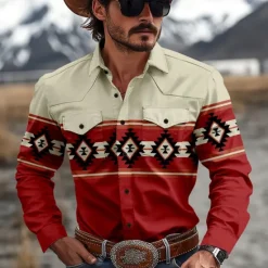 Online OUKU Men's Aztec Indian Culture Shirt Western Shirt Cowboy Shirt Long Sleeve Vintage Western Style Tribal Outdoor Daily WorkWear Fall & Winter Turndown 3D Print Front Two Pockets Button Up Shirts Red Brown