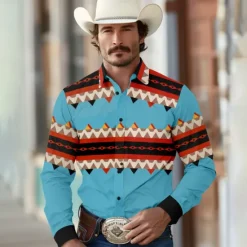 OUKU Men's Aztec Shirt Western Shirt Cowboy Shirt Long Sleeve Western Style Tribal Shirt Collar Blue