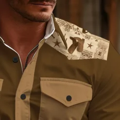 Hot OUKU Men's Aztec Tribal Ethnic Western Shirt Cowboy Shirt Long Sleeve Vintage Western Style Daily Wear Going out Weekend Spring & Summer Turndown Pocket Print Button-Down Navy Blue Brown Coffee