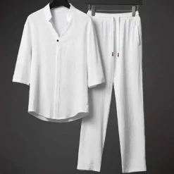 Discount OUKU Men's Band Collar Shirt 2 Piece Shirt Set Summer Set Matching Sets Beach Wear Black White Gray Half Sleeve Solid Colored Collar Outdoor Street Drawstring Clothing Apparel Polyester Comfortable Loose