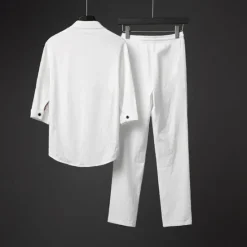 Discount OUKU Men's Band Collar Shirt 2 Piece Shirt Set Summer Set Matching Sets Beach Wear Black White Gray Half Sleeve Solid Colored Collar Outdoor Street Drawstring Clothing Apparel Polyester Comfortable Loose