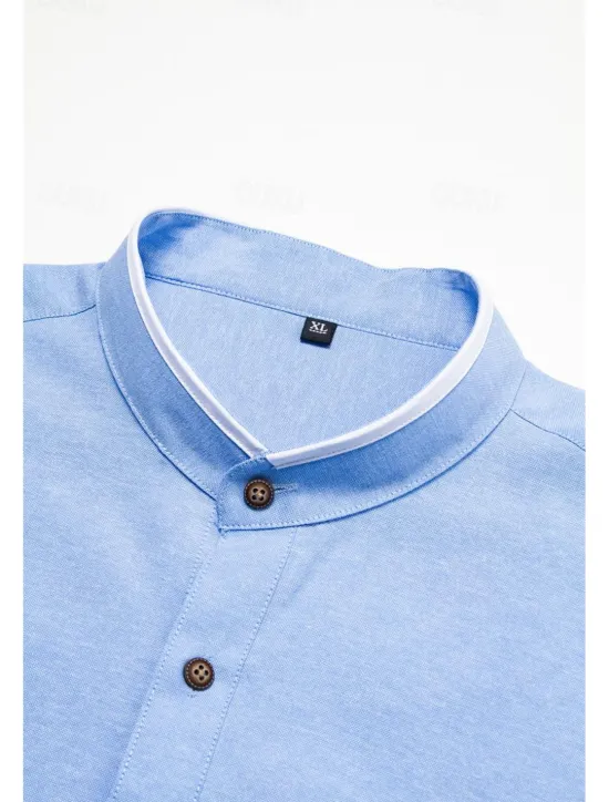 Hot OUKU Men's Band Collar Shirt Dress Shirt Oxford Shirt Wedding Daily Wear White Navy Blue Gray Light Blue Long Sleeve Standing Collar All Seasons Clothing Apparel