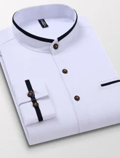 Hot OUKU Men's Band Collar Shirt Dress Shirt Oxford Shirt Wedding Daily Wear White Navy Blue Gray Light Blue Long Sleeve Standing Collar All Seasons Clothing Apparel