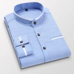 Clearance OUKU Men's Band Collar Shirt Dress Shirt Oxford Shirt Solid / Plain Color Wedding White Blue Gray Light Blue Long Sleeve Standing Collar Spring & Fall Clothing Apparel