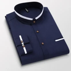 Clearance OUKU Men's Band Collar Shirt Dress Shirt Oxford Shirt Solid / Plain Color Wedding White Blue Gray Light Blue Long Sleeve Standing Collar Spring & Fall Clothing Apparel