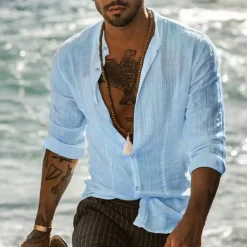 Sale OUKU Men's Band Collar Shirt Summer Shirt Beach Wear Button Up Shirt Solid Color Vacation Curise Black White Gray Light Blue Long Sleeve Henley Spring & Fall Clothing Apparel Button-Down