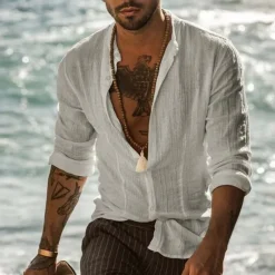 Sale OUKU Men's Band Collar Shirt Summer Shirt Beach Wear Button Up Shirt Solid Color Vacation Curise Black White Gray Light Blue Long Sleeve Henley Spring & Fall Clothing Apparel Button-Down