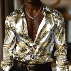 New OUKU Men's Baroque Dress Shirt Button Up Shirt Long Sleeve Fashion Casual Daily Evening Party Summer Spring Fall Turndown Collared Shirts Buttons Print Yellow