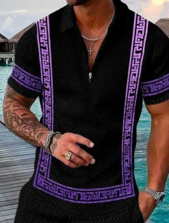 New OUKU Men's Baroque Zip Polo Shirts Golf Shirt Short Sleeve Polo Shirts Collared Shirts Vintage Casual Vacation Wear Party Outfits 3D Print Quarter Zip Polo Yellow Blue Purple