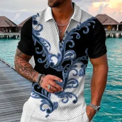 Discount OUKU Men's Baroque Zip Polo Shirts Golf Shirt Short Sleeve Polo Shirts Collared Shirts Vintage Casual Vacation Wear Party Outfits 3D Print Quarter Zip Polo Black / Gray Black Pink