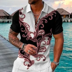 Discount OUKU Men's Baroque Zip Polo Shirts Golf Shirt Short Sleeve Polo Shirts Collared Shirts Vintage Casual Vacation Wear Party Outfits 3D Print Quarter Zip Polo Black / Gray Black Pink