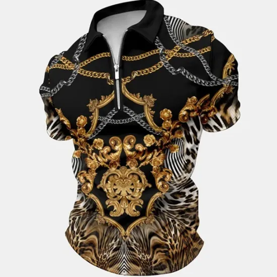 OUKU Men's Baroque Zip Polo Shirts Golf Shirt Short Sleeve Polo Shirts Collared Shirts Vintage Casual Vacation Wear Party Outfits 3D Print Quarter Zip Polo Black White Yellow