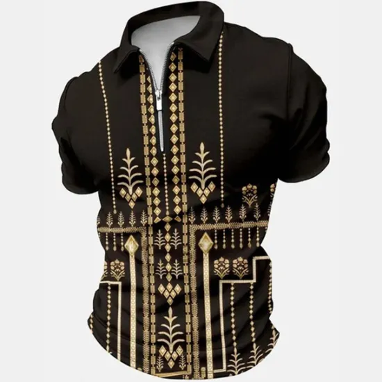 OUKU Men's Baroque Zip Polo Shirts Golf Shirt Short Sleeve Polo Shirts Collared Shirts Vintage Casual Vacation Wear Party Outfits 3D Print Quarter Zip Polo Black White Yellow