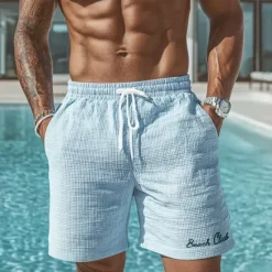 OUKU Men's Beach Letter Print Waffle Shorts Sweat Shorts Casual Shorts Mid Waist Fashion Casual Vacation Jogging Workout Elastic Drawstring Waist Shorts with Pockets Designer Clothing Apparel