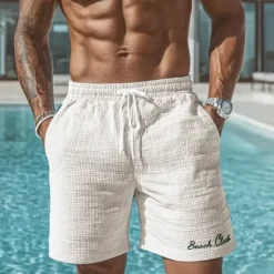 OUKU Men's Beach Letter Print Waffle Shorts Sweat Shorts Casual Shorts Mid Waist Fashion Casual Vacation Jogging Workout Elastic Drawstring Waist Shorts with Pockets Designer Clothing Apparel