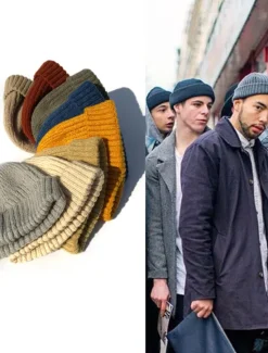 Sale OUKU Men's Beanie Hat Fisherman Beanie Trawler Beanie Watch Cap Beanies Light Yellow Black Cotton Sports Travel Roll up Edge Outdoor Vacation Plain Windproof Warm