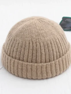 Sale OUKU Men's Beanie Hat Fisherman Beanie Trawler Beanie Watch Cap Beanies Light Yellow Black Cotton Sports Travel Roll up Edge Outdoor Vacation Plain Windproof Warm