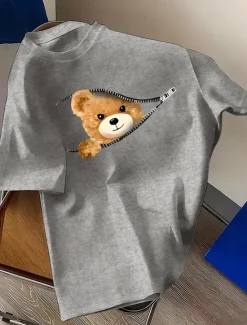 Outlet OUKU Men's Bear Funny T Shirt 100% Cotton Short Sleeve Graphic Shirt Heather Gray Black White Comfortable Tee Vacation Street Fashion Designer Clothing