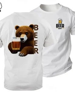 New OUKU Men's Bear Oktoberfest Beer T Shirt Tee Top 100% Cotton Short Sleeve Graphic Shirt Black White Comfortable Tee Street Sports Outdoor Fashion Designer Clothing