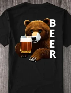 New OUKU Men's Bear Oktoberfest Beer T Shirt Tee Top 100% Cotton Short Sleeve Graphic Shirt Black White Comfortable Tee Street Sports Outdoor Fashion Designer Clothing