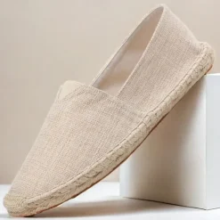 Clearance OUKU Men's Beige Canvas Espadrille Slip-On Shoes with Jute Rope Sole – Comfortable Summer Casual Footwear