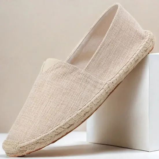 Clearance OUKU Men's Beige Canvas Espadrille Slip-On Shoes with Jute Rope Sole – Comfortable Summer Casual Footwear