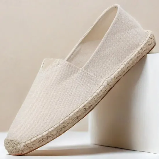 Clearance OUKU Men's Beige Canvas Espadrille Slip-On Shoes with Jute Rope Sole – Comfortable Summer Casual Footwear