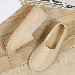 Clearance OUKU Men's Beige Canvas Espadrille Slip-On Shoes with Jute Rope Sole – Comfortable Summer Casual Footwear